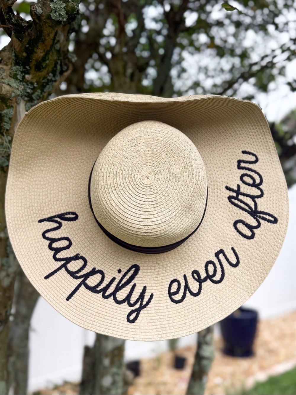 Mud Pie Happily Ever After Embroidered Wide Brim Sun Hat Bride Honeymoon Beach